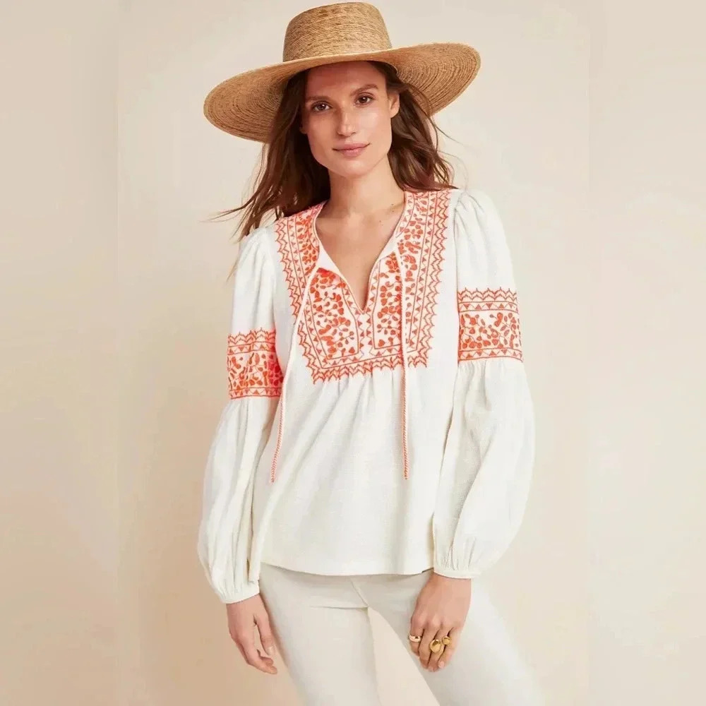 Anthropologie Maeve Louisa Textured Peasant Top Size Medium